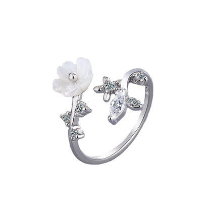 Cubic Zirconia and Shell Silver-Plated Shell Flower Bypass Ring, silver statement rings for women, front view