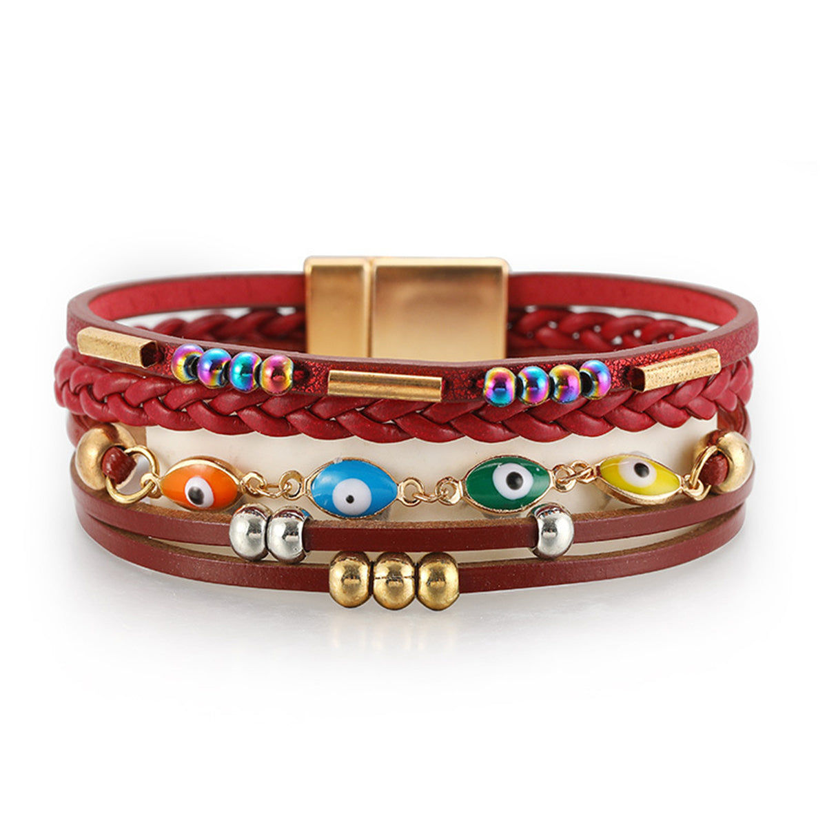 Red Polystyrene and Enamel 18K Gold-Plated Evil Eye Multistrand Bracelet, gold bracelet for women, front view