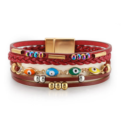 Red Polystyrene and Enamel 18K Gold-Plated Evil Eye Multistrand Bracelet, gold bracelet for women, front view