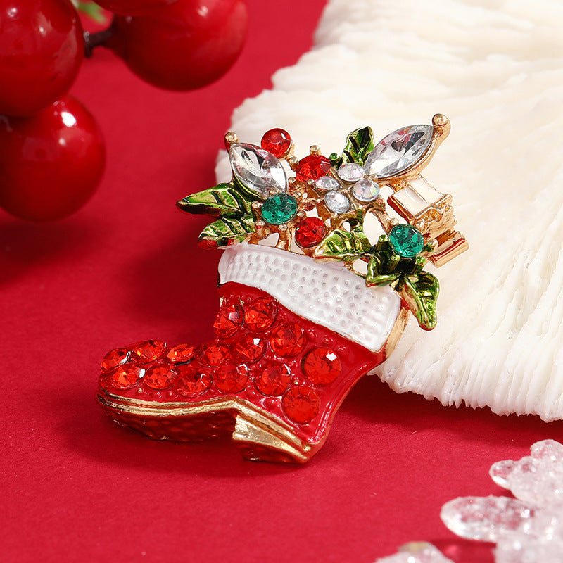 Crystal and Red Cubic Zirconia Christmas Stocking Brooch, brooch pin, everyday style, detail close-up