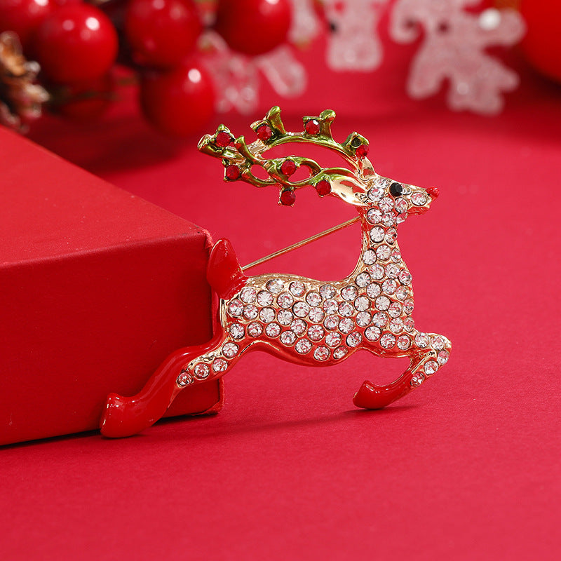 Colored Enamel and Cubic Zirconia 18K Gold-Plated Reindeer Brooch, gold brooch pin, everyday style, front view