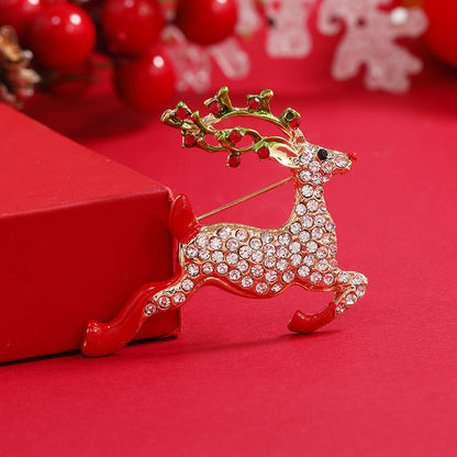 Colored Enamel and Cubic Zirconia 18K Gold-Plated Reindeer Brooch, gold brooch pin, everyday style, front view