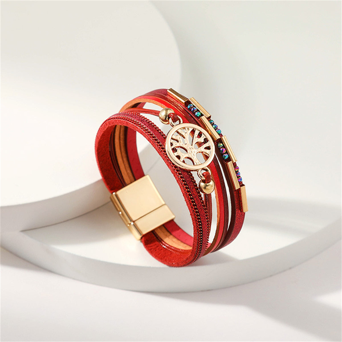 Cubic Zirconia and Red Polystyrene 18K Gold-Plated Tree Charm Layered Bracelet, gold bracelet for women, detail close-up