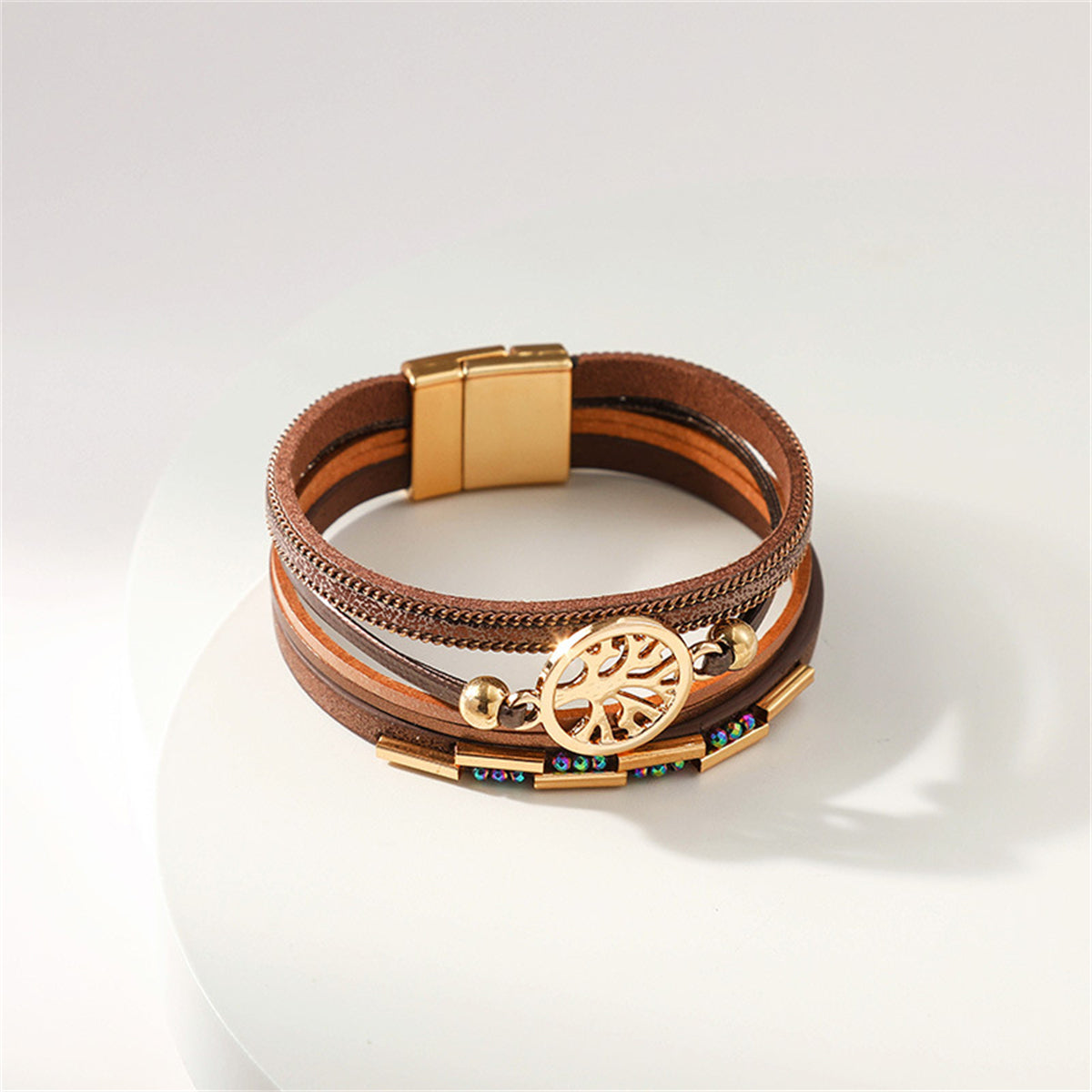 Cubic Zirconia and Brown Polystyrene 18K Gold-Plated Layered Tree Charm Bracelet, gold bracelet for women, side view