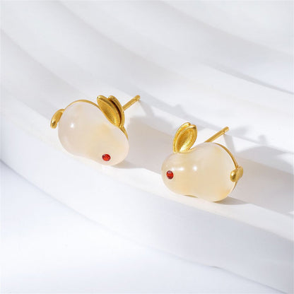 Quartz and 18K Gold-Plated Rabbit Stud Earrings, gold stud earrings for women, dainty minimalist design, front view