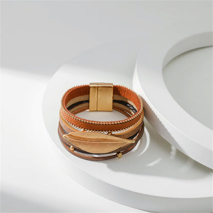 Brown Polystyrene and 18K Gold-Plated Bead Line Leaf-Charm Layered Bangle, gold bracelet for women, lifestyle look