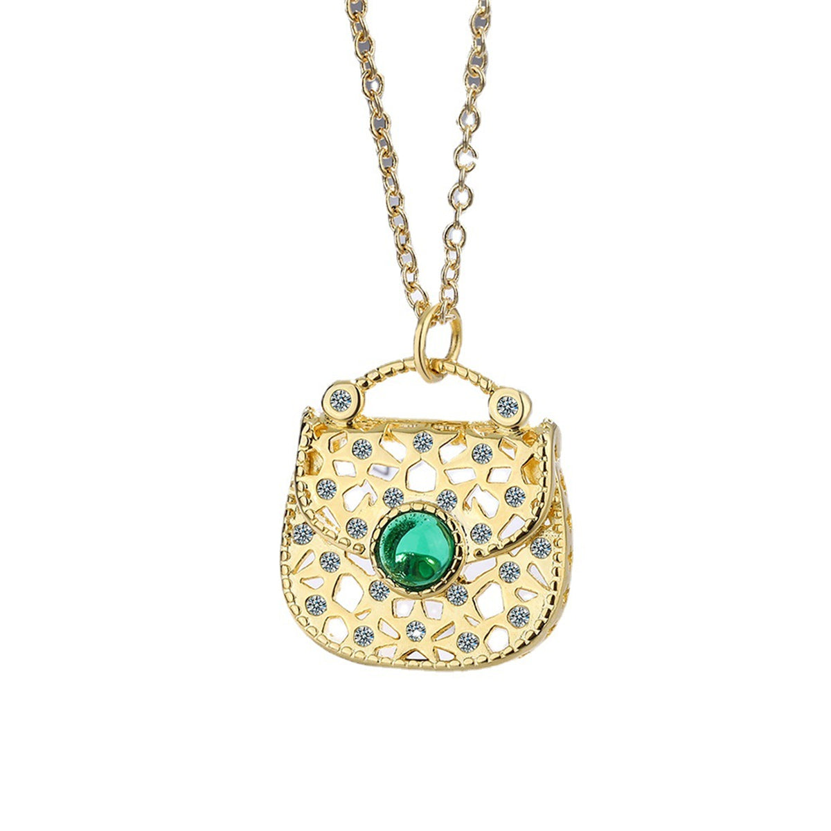 Green Moonstone and Cubic Zirconia Handbag Pendant Necklace, pendant necklace for women, elegant gift for her, front view
