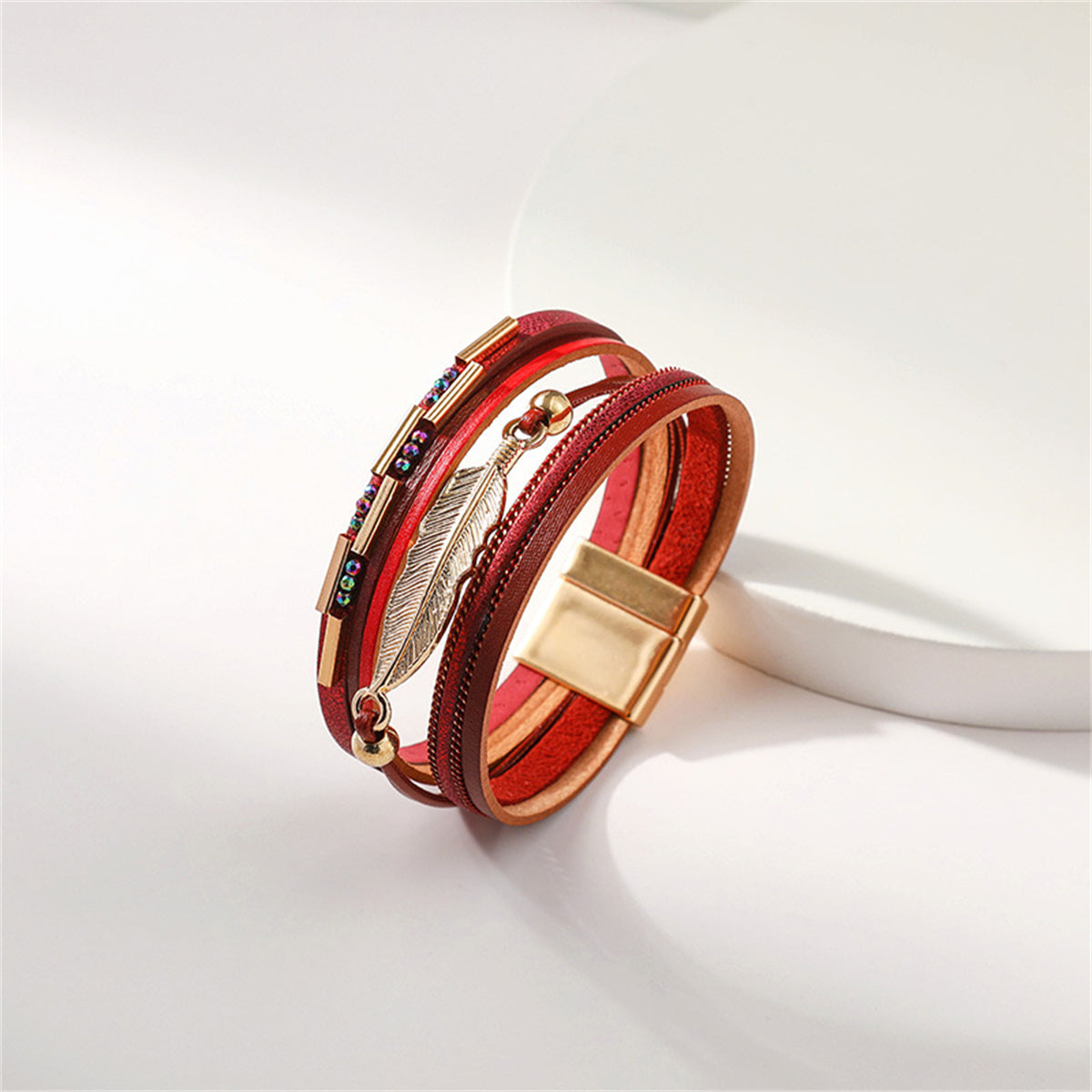 Red Polystyrene and Cubic Zirconia 18K Gold-Plated Feather Stacked Bracelet, gold bracelet for women, side view