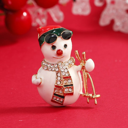 Cubic Zirconia and 18K Gold-Plated Skiing Snowman Brooch, gold brooch pin, elegant gift for her, front view