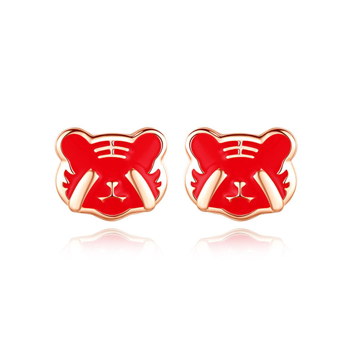 Red Enamel & 18K Gold-Plated Tiger Face Stud Earrings