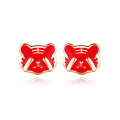 Red Enamel & 18K Gold-Plated Tiger Face Stud Earrings