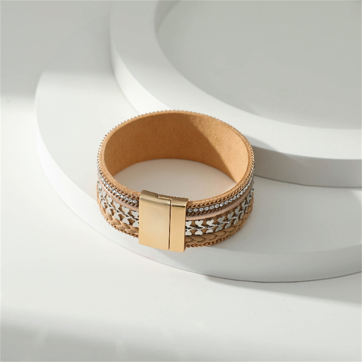 Cubic Zirconia and Coffee Polystyrene Two-Tone Curb-Chain Heart Bangle, bracelet for women, everyday style, lifestyle look