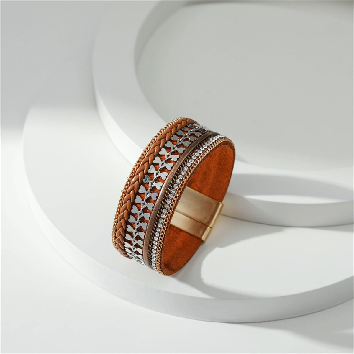 Cubic Zirconia and Brown Polystyrene Two-Tone Curb-Chain Heart Bangle, bracelet for women, side view