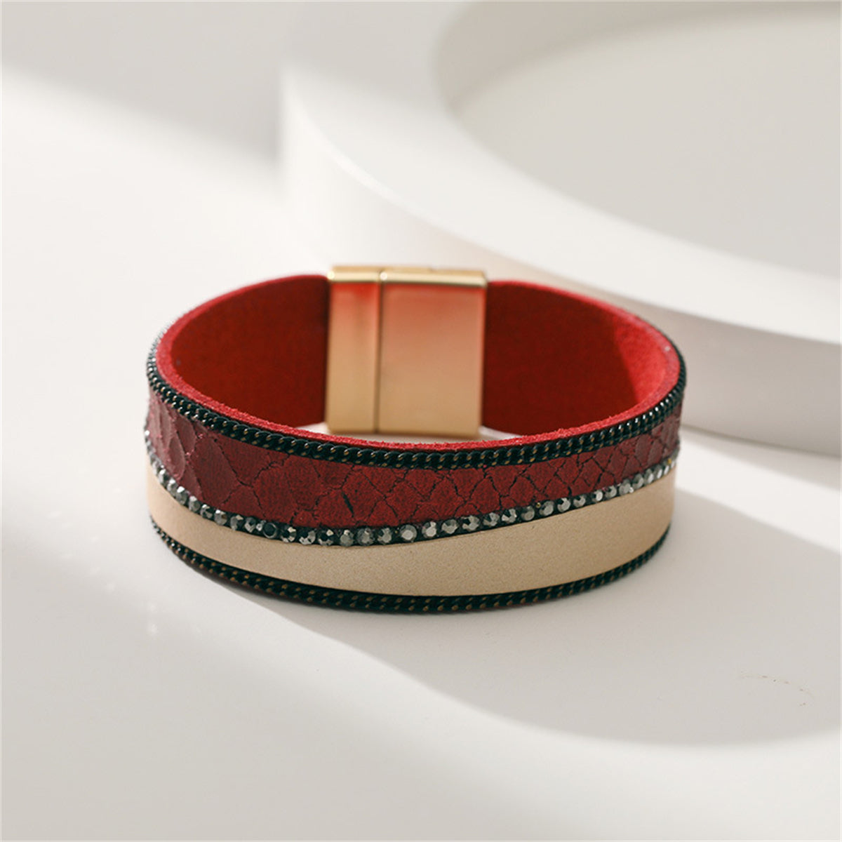 Cubic Zirconia & Red Polystyrene 18K Gold-Plated Textured Patchwork Bracelet