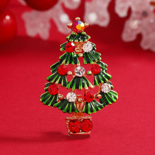 Green Enamel and Cubic Zirconia 18K Gold-Plated Christmas Tree Brooch, gold brooch pin, elegant gift for her, front view