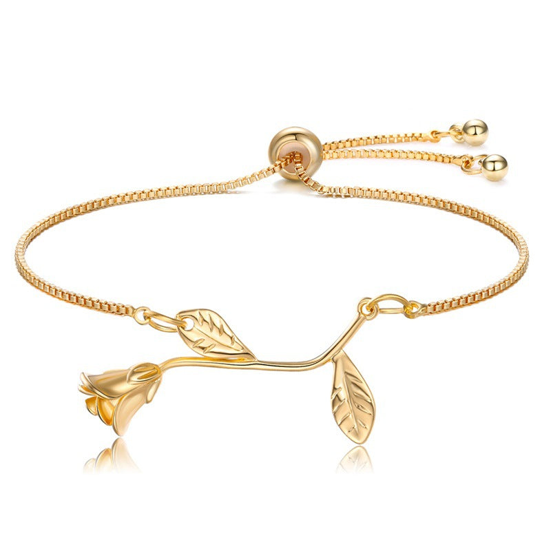 18K Gold-Plated Flower Adjustable Bracelet, gold bracelet for women, elegant gift for her, front view