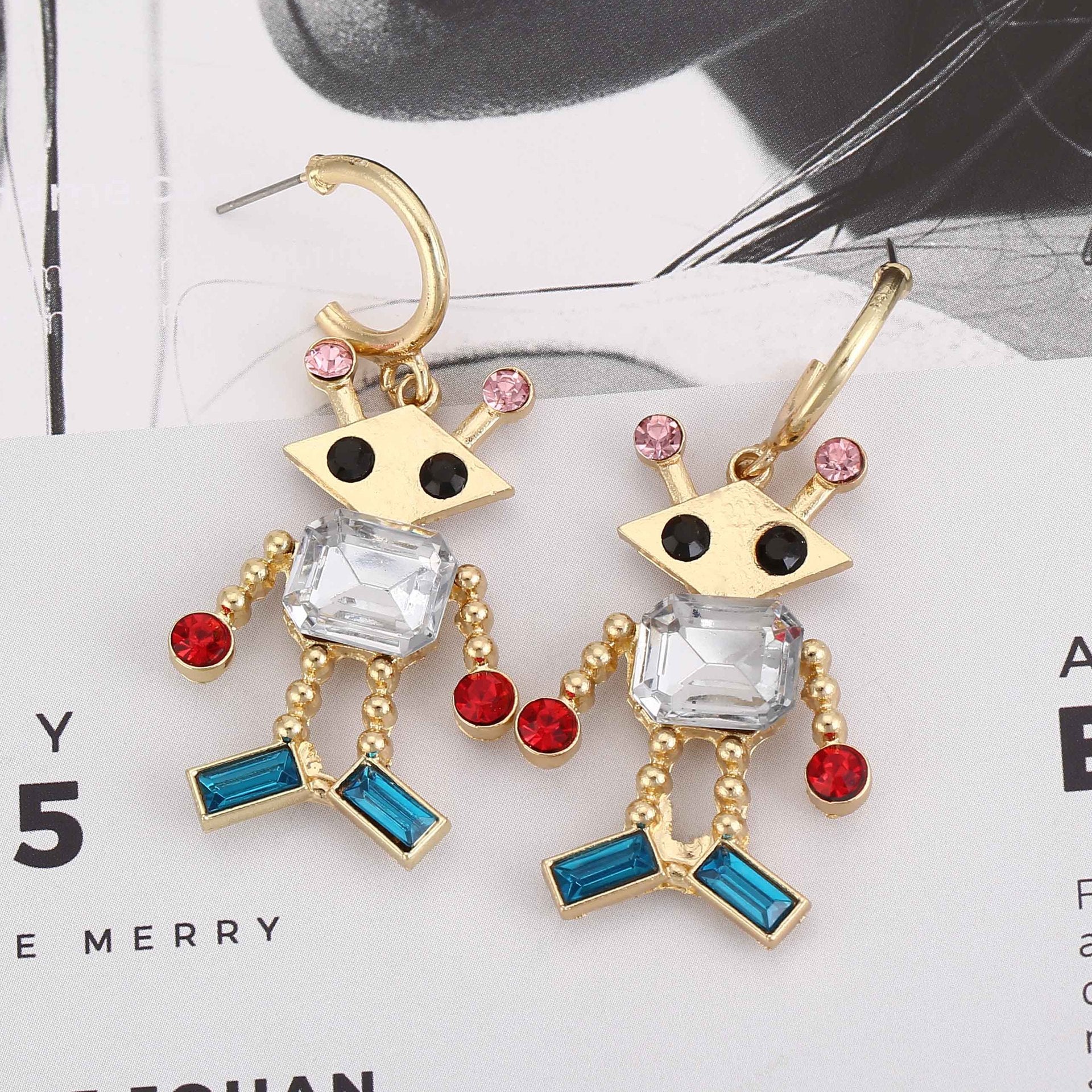 Crystal & Red Cubic Zirconia Robot Drop Earrings