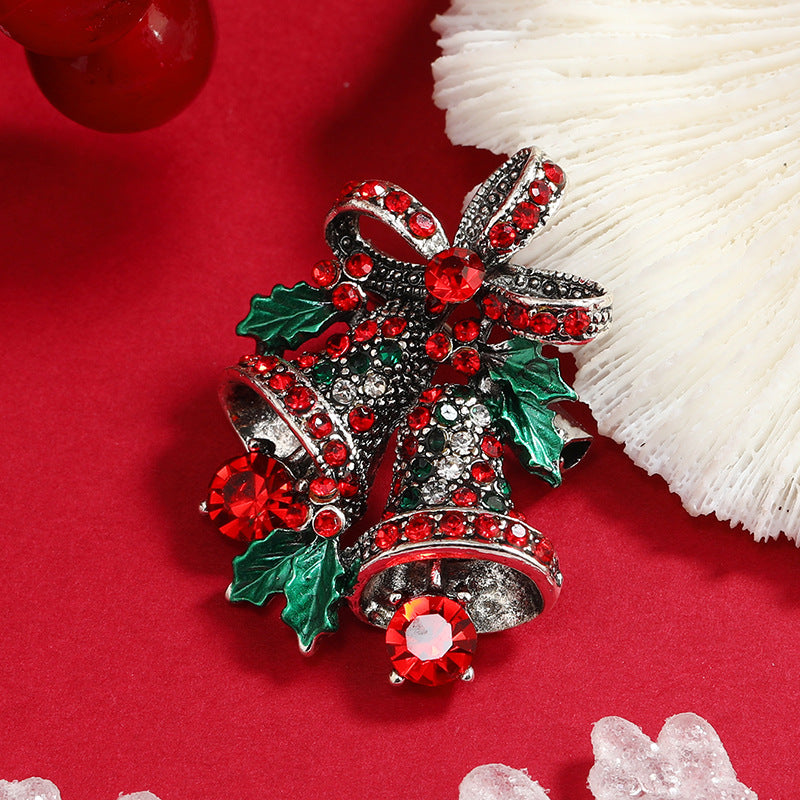 Green and Red Cubic Zirconia Christmas Bell Brooch, brooch pin, dainty minimalist design, front view
