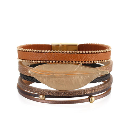 Brown Polystyrene and 18K Gold-Plated Bead Line Leaf-Charm Layered Bangle, gold bracelet for women, front view