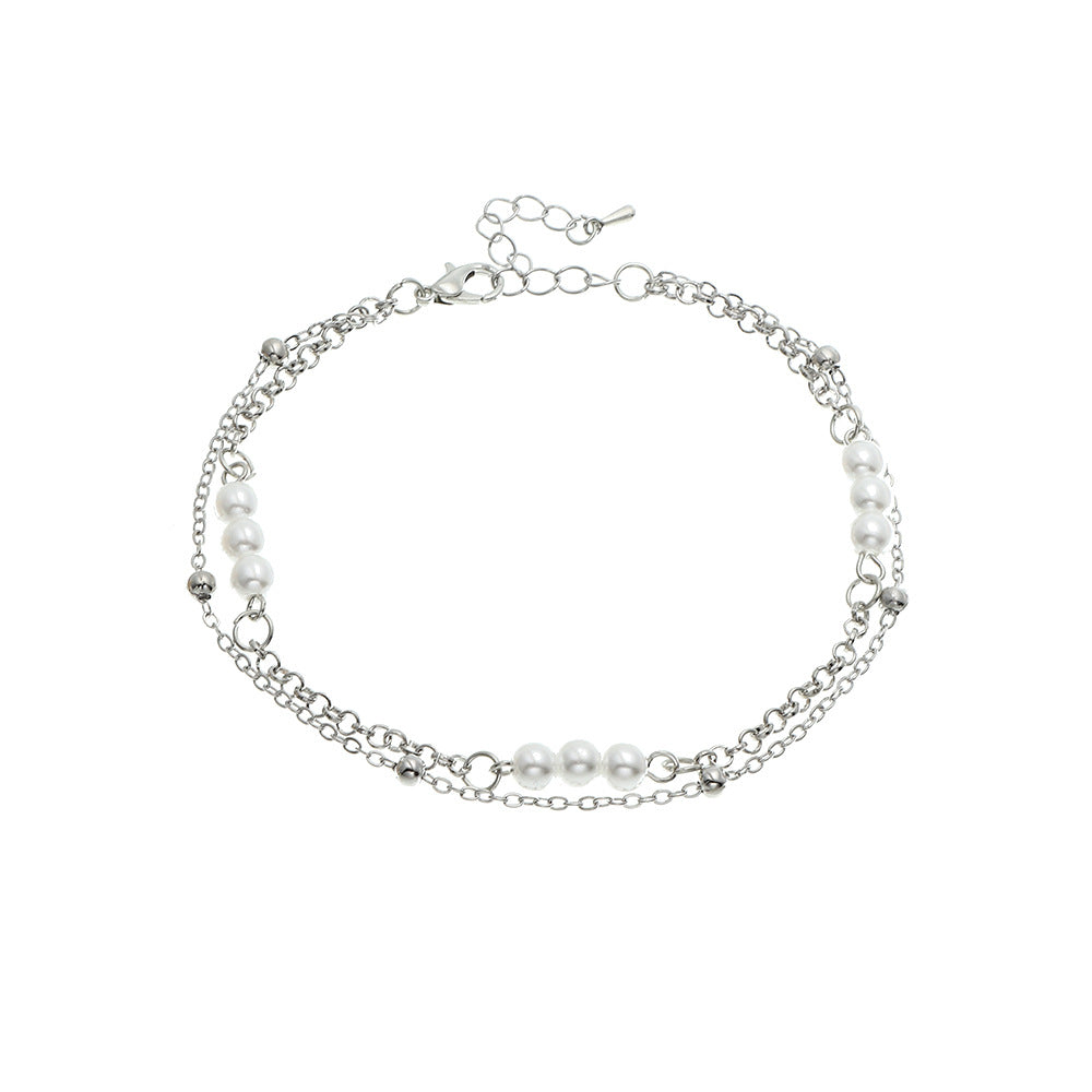 Pearl & Silver-Plated Layered Anklet