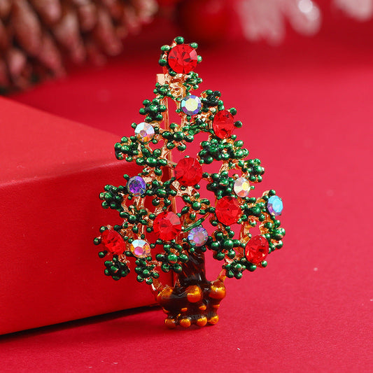 Red Cubic Zirconia and 18K Gold-Plated Christmas Tree Brooch, gold brooch pin, everyday style, front view