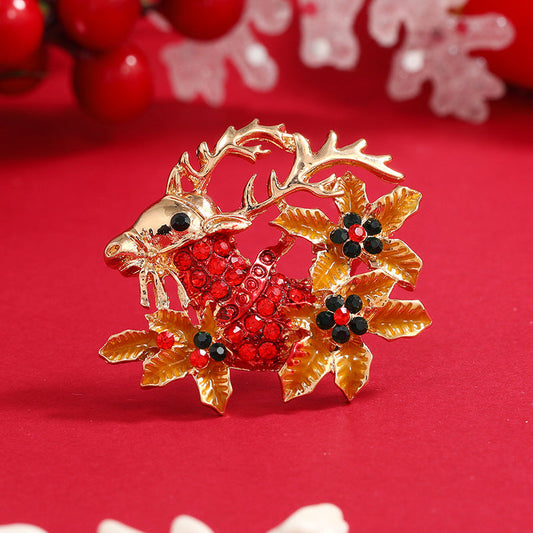 Brown Cubic Zirconia and 18K Gold-Plated Flower Reindeer Brooch, gold brooch pin, everyday style, front view