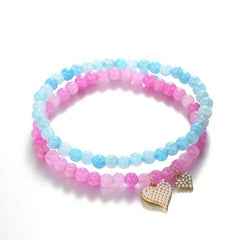 Quartz & Cubic Zirconia Heart Charm Beaded Stretch Anklet Set