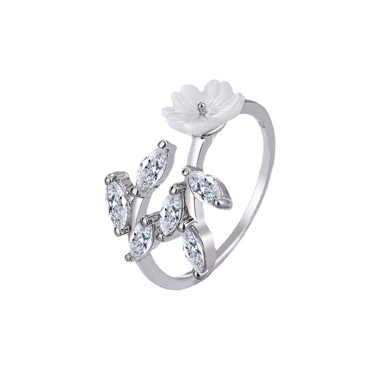 Crystal and Shell Silver-Plated Rattan Flower Bypass Ring, silver statement rings for women, elegant gift for her, front view