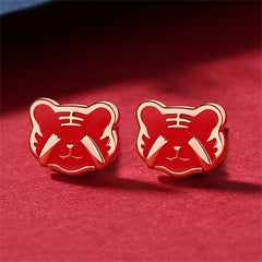 Red Enamel & 18K Gold-Plated Tiger Face Stud Earrings