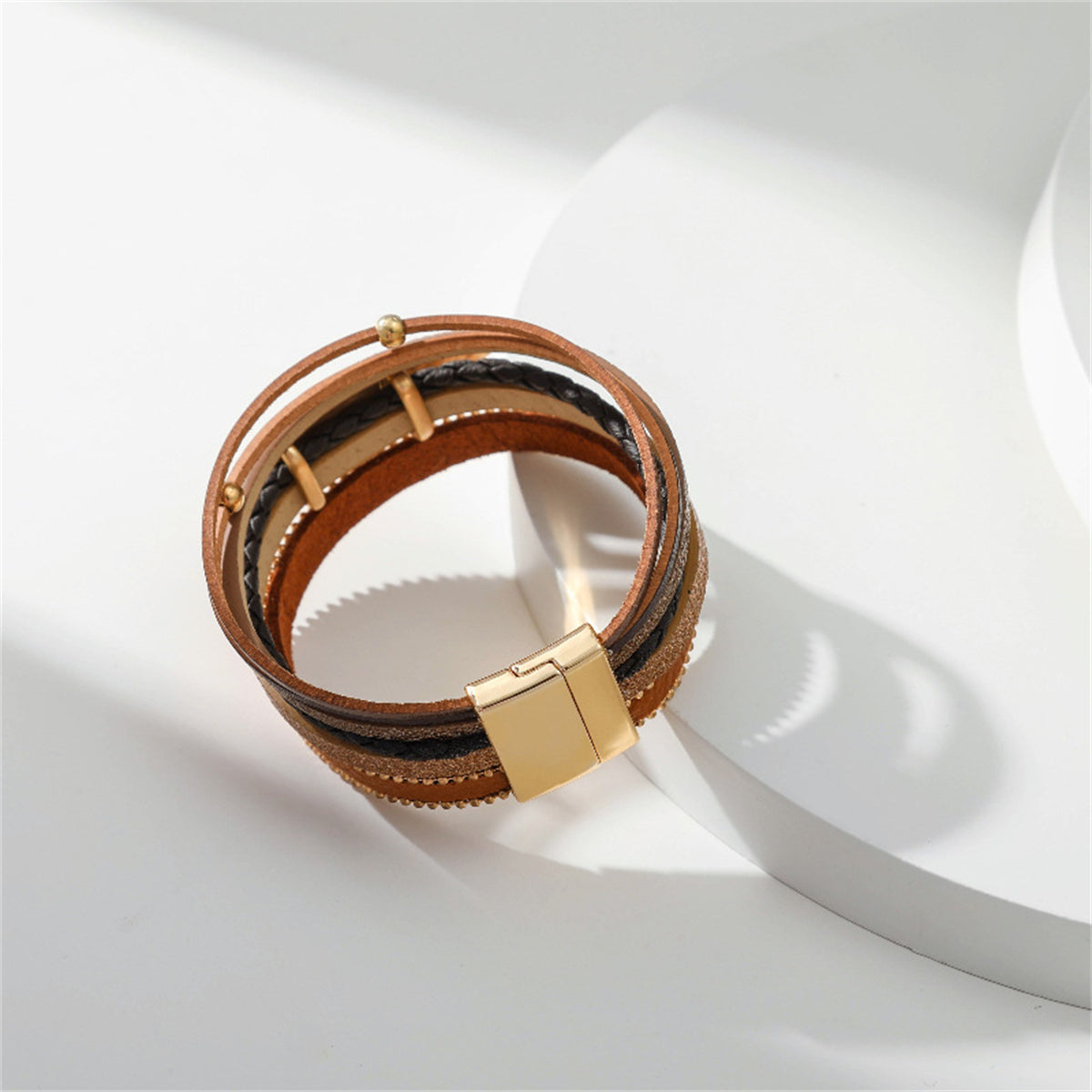 Brown Polystyrene and 18K Gold-Plated Bead Line Leaf-Charm Layered Bangle, gold bracelet for women, everyday style, side view