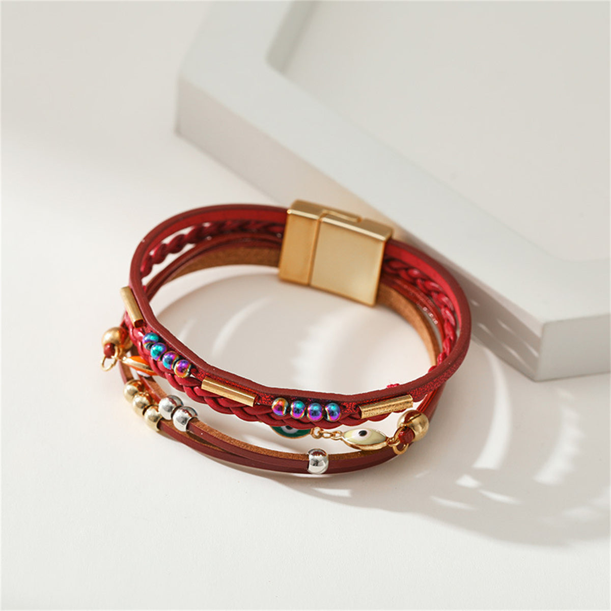 Red Polystyrene and Enamel 18K Gold-Plated Evil Eye Multistrand Bracelet, gold bracelet for women, lifestyle look