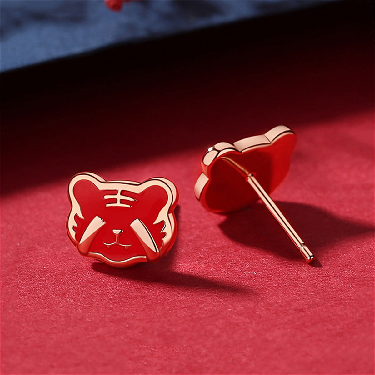 Red Enamel & 18K Gold-Plated Tiger Face Stud Earrings