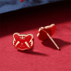 Red Enamel & 18K Gold-Plated Tiger Face Stud Earrings