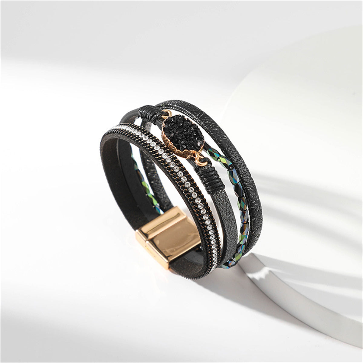 Black Resin & Polystyrene 18K Gold-Plated Stacked Bracelet