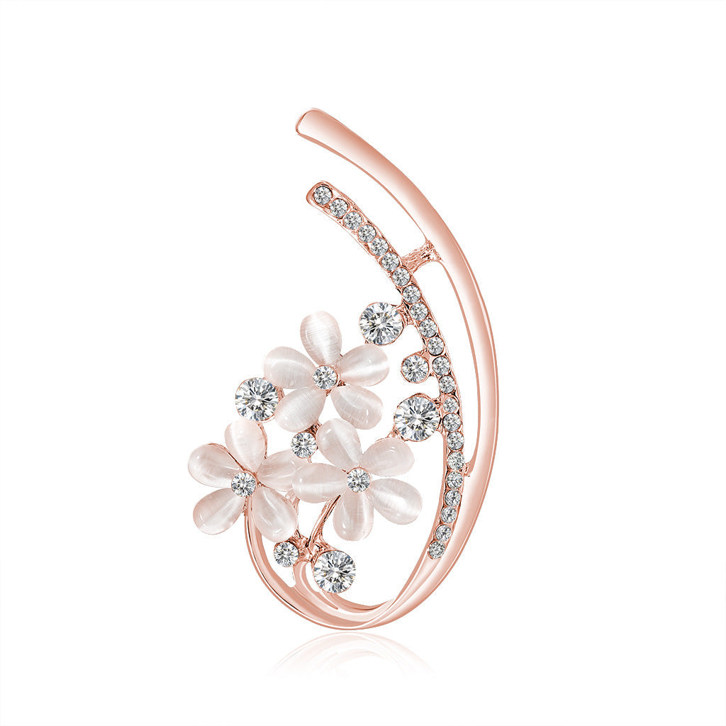 Clear Cubic Zirconia and Cats Eye 18K Rose Gold-Plated Botany Brooch, rose gold brooch pin, everyday style, front view