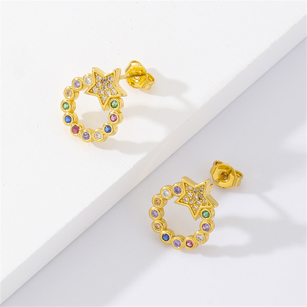 Pink Cubic Zirconia & 18K Gold-Plated Circle Star Stud Earrings