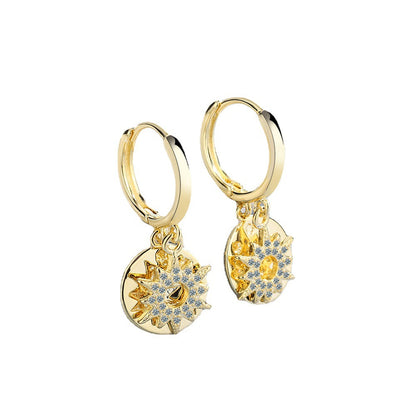 Cubic Zirconia and 18K Gold-Plated Sun Huggie Earrings, gold huggie earrings, dainty minimalist design, styled look