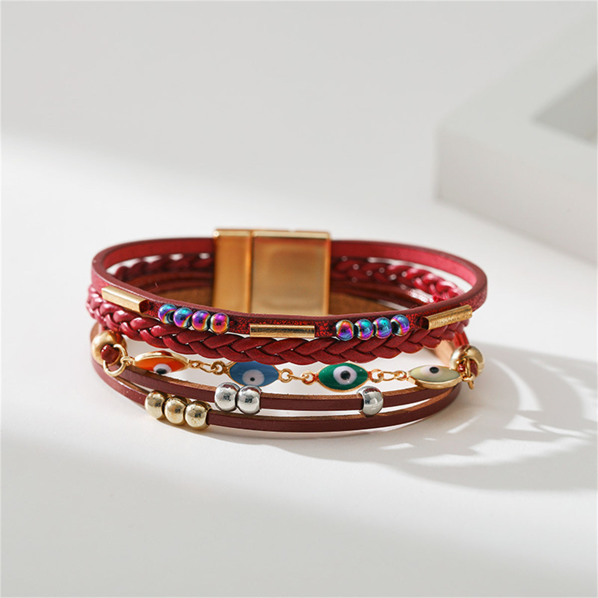 Red Polystyrene and Enamel 18K Gold-Plated Evil Eye Multistrand Bracelet, gold bracelet for women, side view