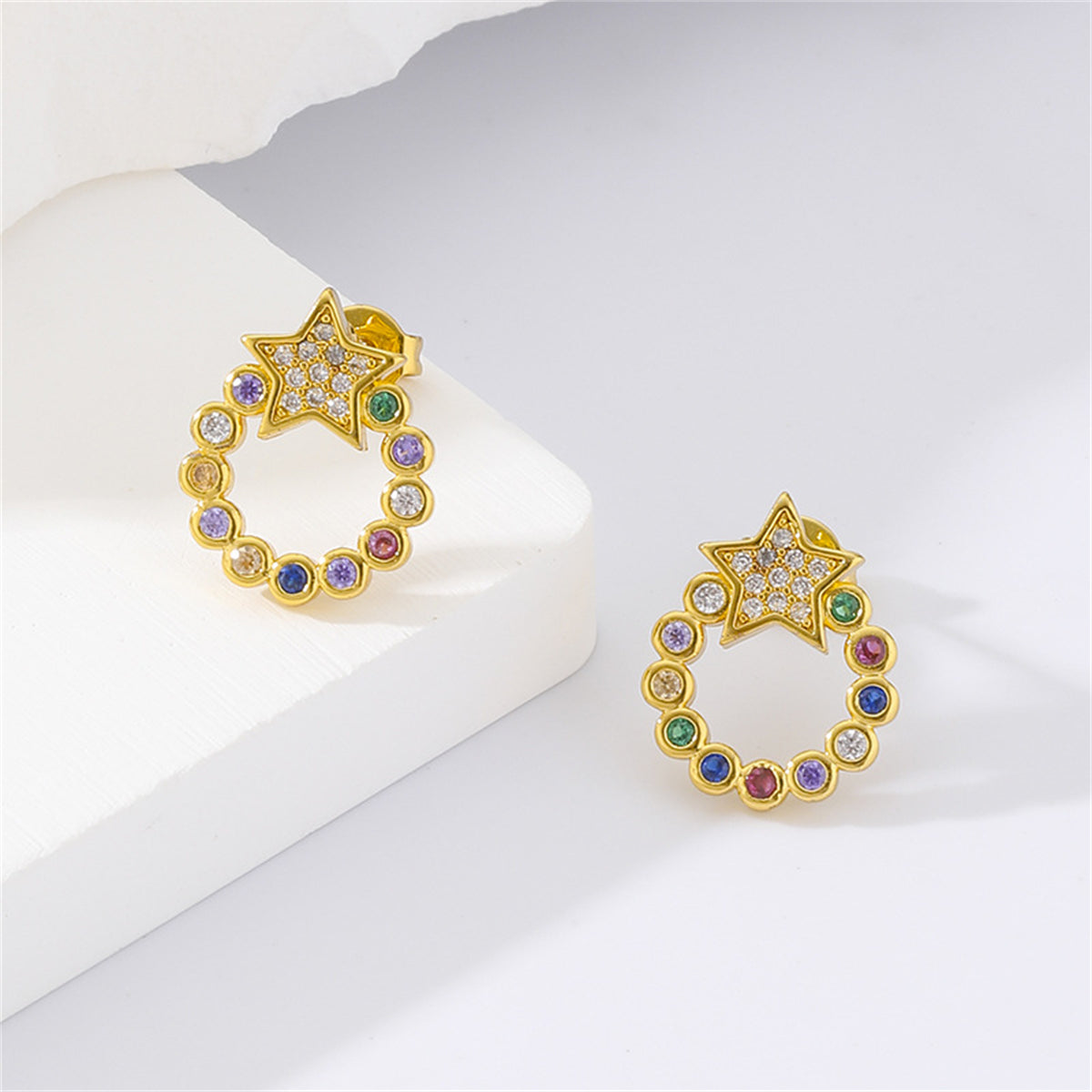 Pink Cubic Zirconia & 18K Gold-Plated Circle Star Stud Earrings