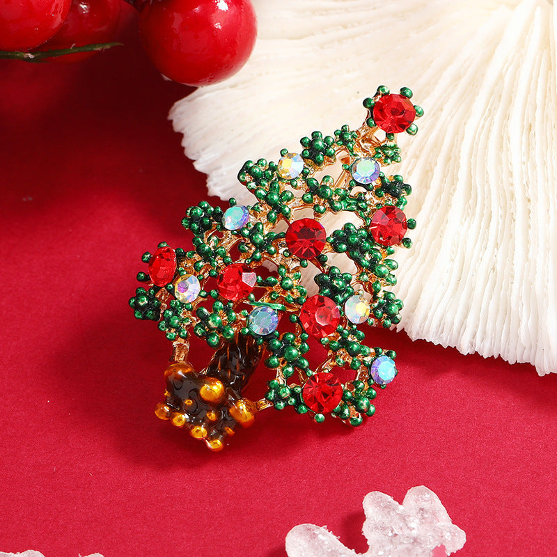 Red Cubic Zirconia & 18K Gold-Plated Christmas Tree Brooch
