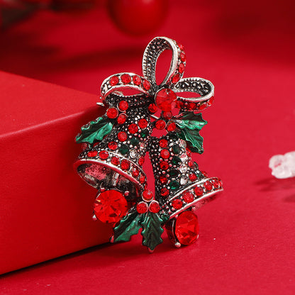 Green and Red Cubic Zirconia Christmas Bell Brooch, brooch pin, dainty minimalist design, side view