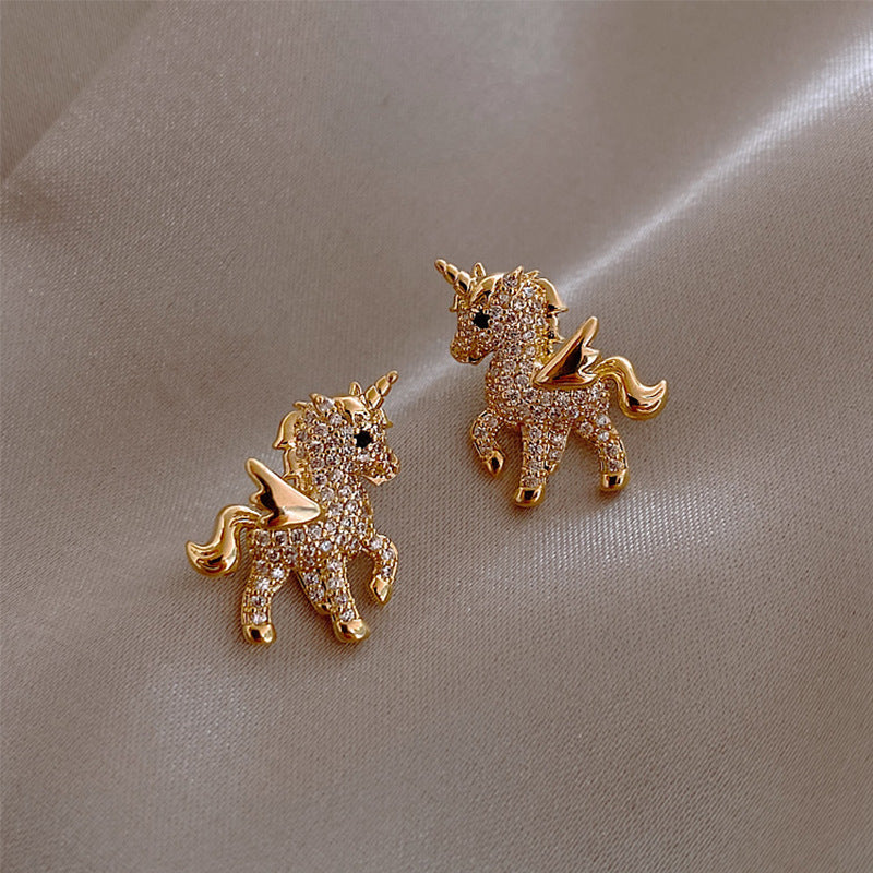 Cubic Zirconia and 18K Gold-Plated Unicorn Stud Earrings, gold stud earrings for women, botanical inspired, side view