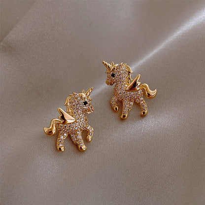 Cubic Zirconia and 18K Gold-Plated Unicorn Stud Earrings, gold stud earrings for women, botanical inspired, side view