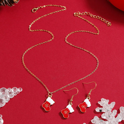 Red Enamel and 18K Gold-Plated Boots Pendant Necklace Set, gold drop earrings for women, vintage-inspired design, front view