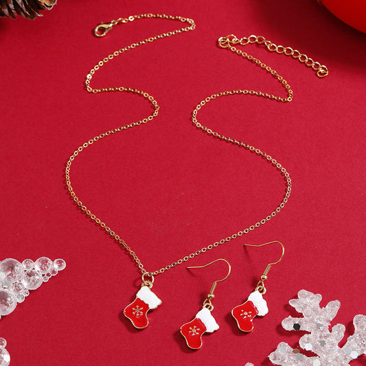 Red Enamel and 18K Gold-Plated Boots Pendant Necklace Set, gold drop earrings for women, vintage-inspired design, front view