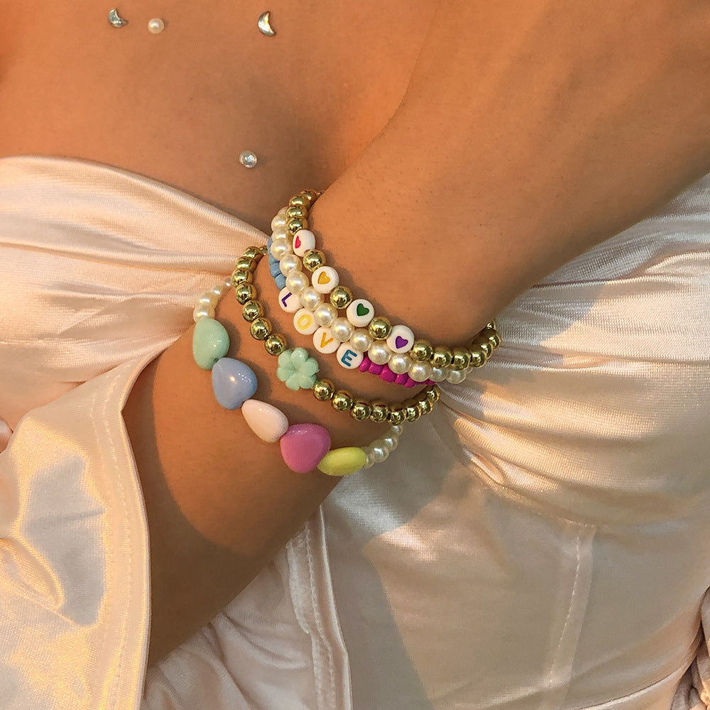 Purple & Blue Pearl 'LOVE' Stretch Bracelet Set