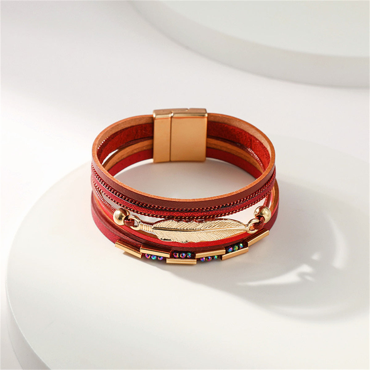 Red Polystyrene and Cubic Zirconia 18K Gold-Plated Feather Stacked Bracelet, gold bracelet for women, detail close-up