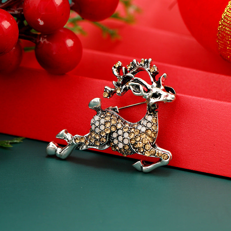 Cubic Zirconia and Silver-Plated Reindeer Brooch, silver brooch pin, vintage-inspired design, front view