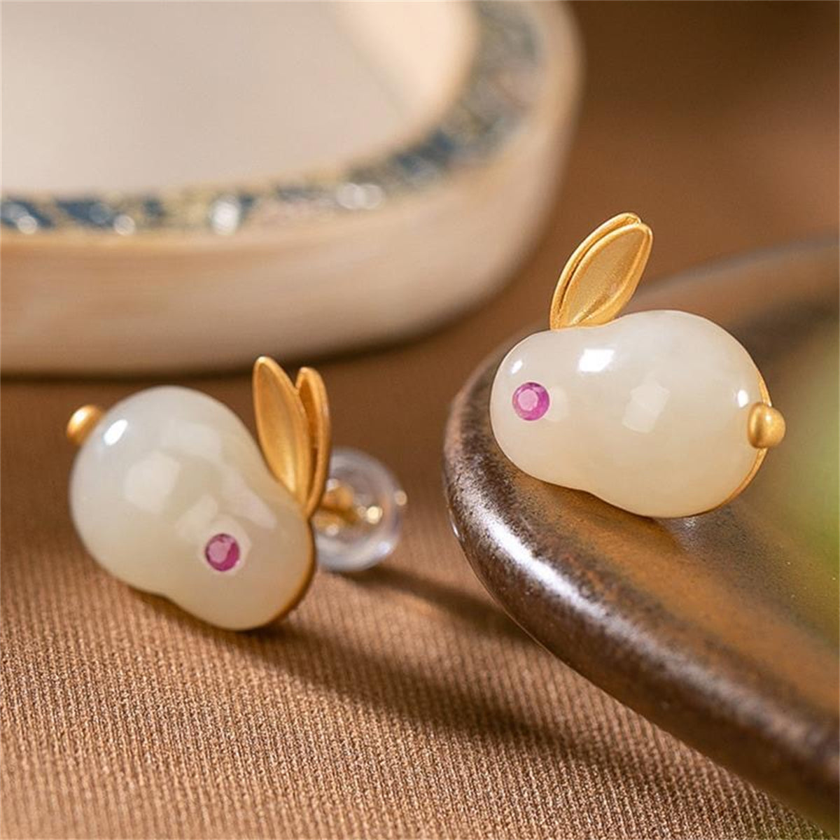 Quartz and 18K Gold-Plated Rabbit Stud Earrings, gold stud earrings for women, dainty minimalist design, detail close-up
