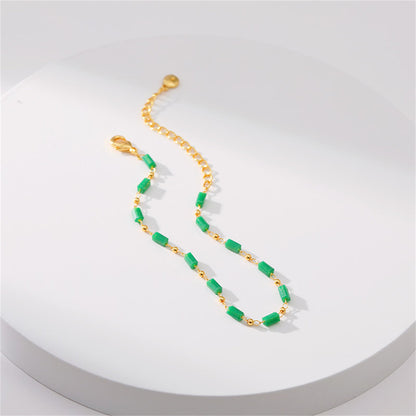 Green Acrylic and 18K Gold-Plated Beaded Bracelet, gold bracelet for women, vintage-inspired design, front view